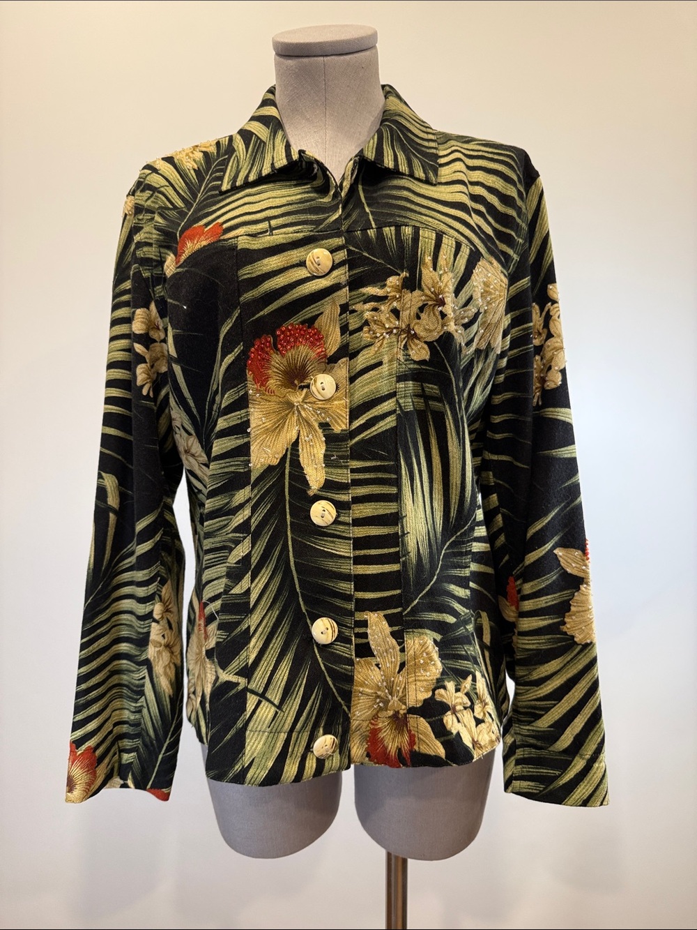 Attitude Tropical Floral Beaded Jacket Blazer M Black Green